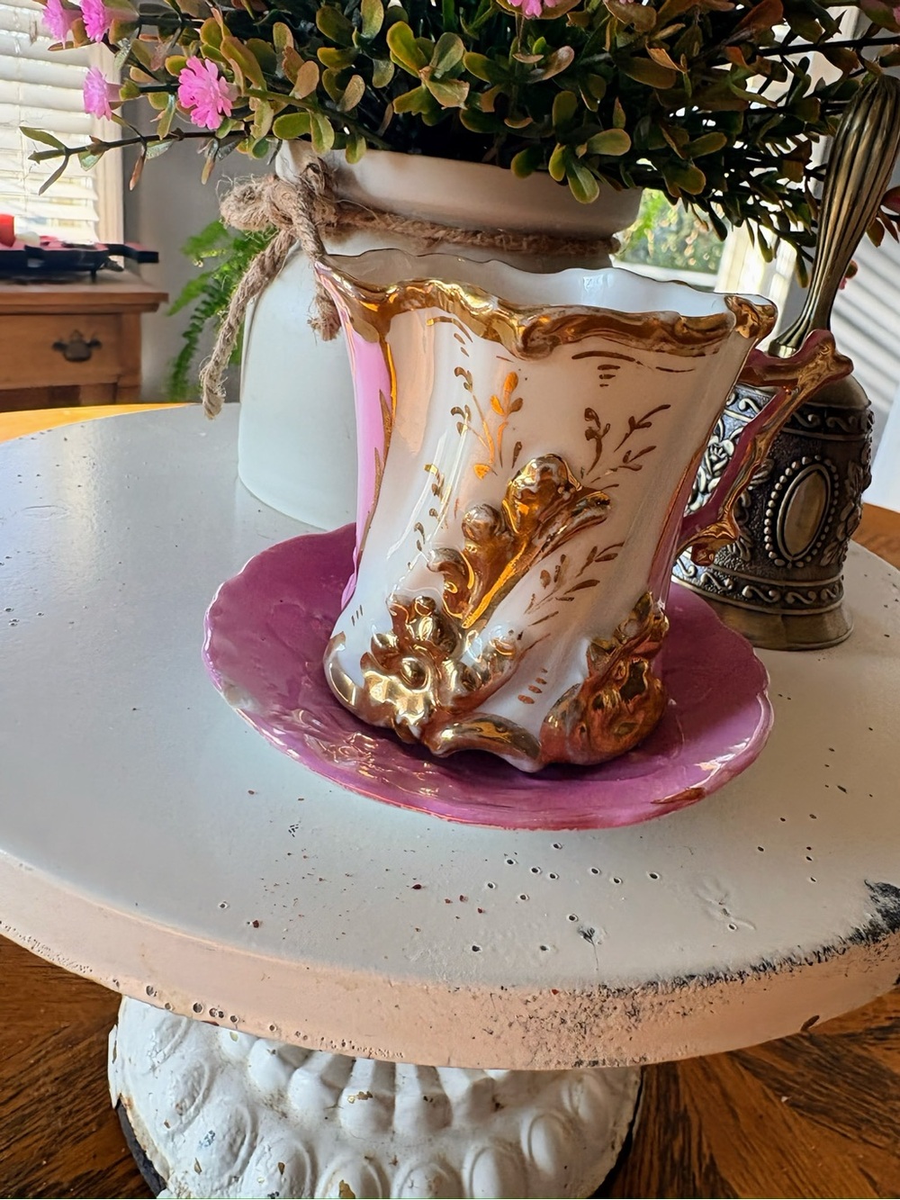 Antique 1800s Teacup & Saucer set pink & gold gilt & Raised Floral Accents